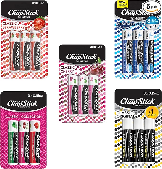 ChapStick Classic Collection Flavored Lip Balm Tubes Pack, Lip Moisturizer - 0.15 Oz (Box of 5 Packs of 3)