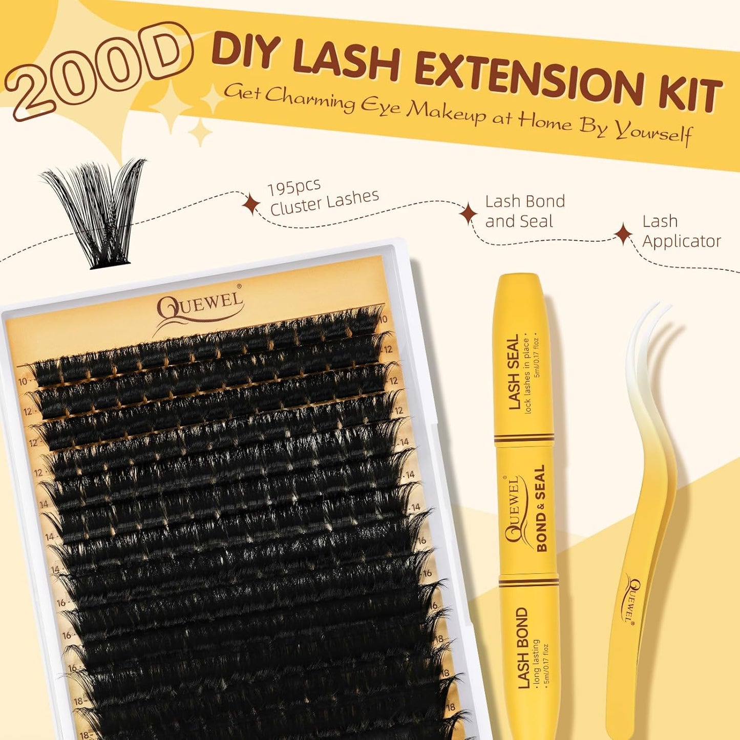 QUEWEL DIY Lash Extension Kit, 300pcs Cluster Lashes Mixed 10-20mm Lash Clusters Kit with Lash Bond and Seal Waterproof, Lash Applicator and Brush, DIY Lash Extensions at Home(200D RR-KIT)