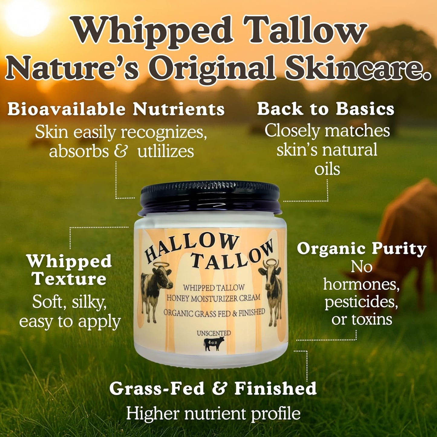 Hallow Tallow Whipped Beef Tallow Moisturizer – 100% Grass-Fed & Finished Tallow Balm with Manuka Honey, Jojoba & Olive Oil, Calendula Extract – Natural Hydrating Face & Body Cream, 4oz