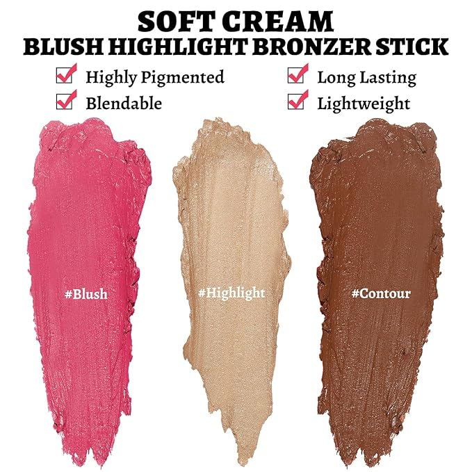 3Pcs Multi-Use Face Makeup Sticks Sets, Blendable Cream Blush Stick For Cheeks Lips, Highlighter Contour Shading Sticks Moisturizer Make Up Sets For Women (01)