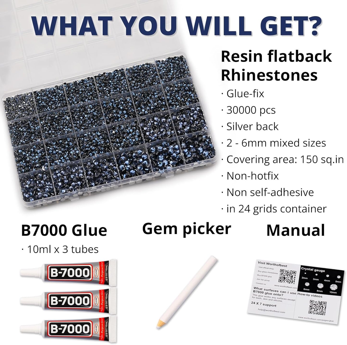 30000Pcs Resin Rhinestones Set for Crafting Bedazzling, Navy Flatback Gems Jewels for Crafts Clothes Shoes Fabric Outfit Nails Makeup, Flat Back Crystal 2-6mm with b 7000 Glue
