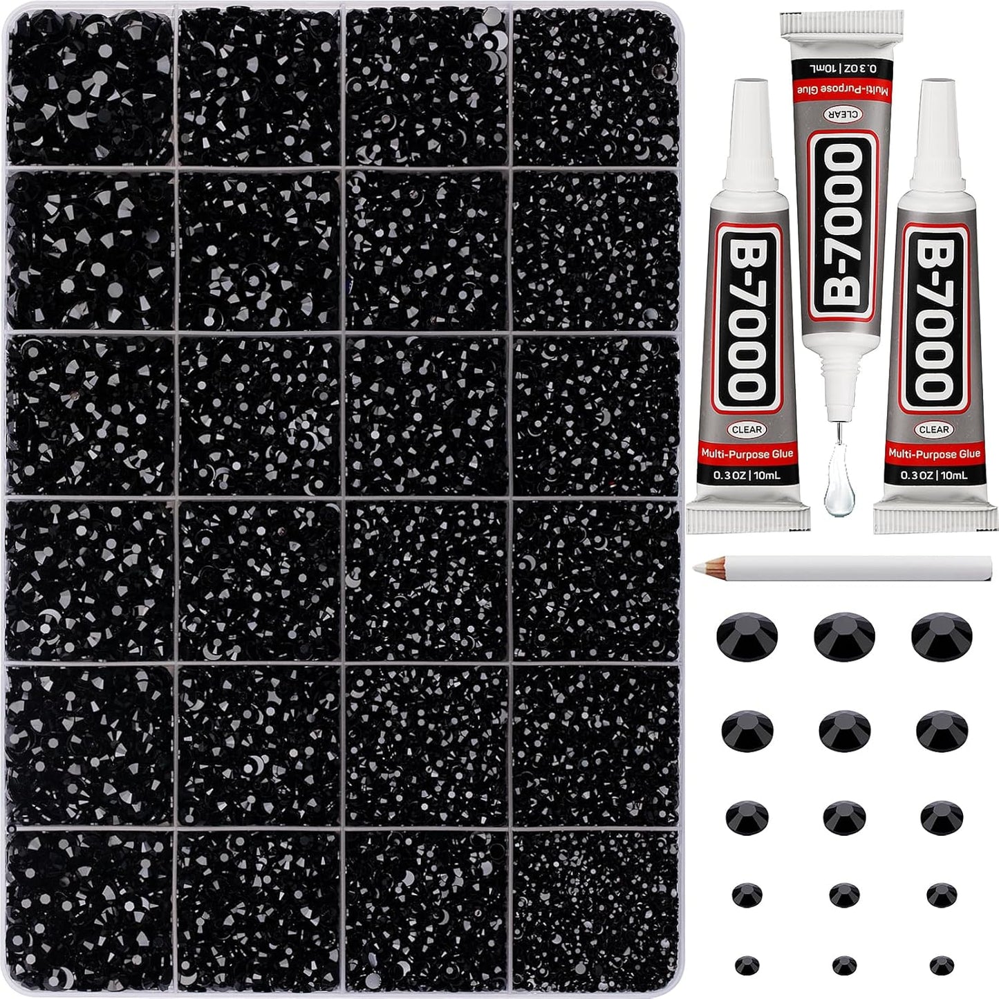 30000Pcs Resin Rhinestones for Crafting Bedazzling, Bulk Black Flatback Gems for Crafts Clothing Clothes Fabric Tumbler Sneakers, Bedazzle Flat Back Jewel Assorted Size SS6/10/16/20/30 with b7000 Glue