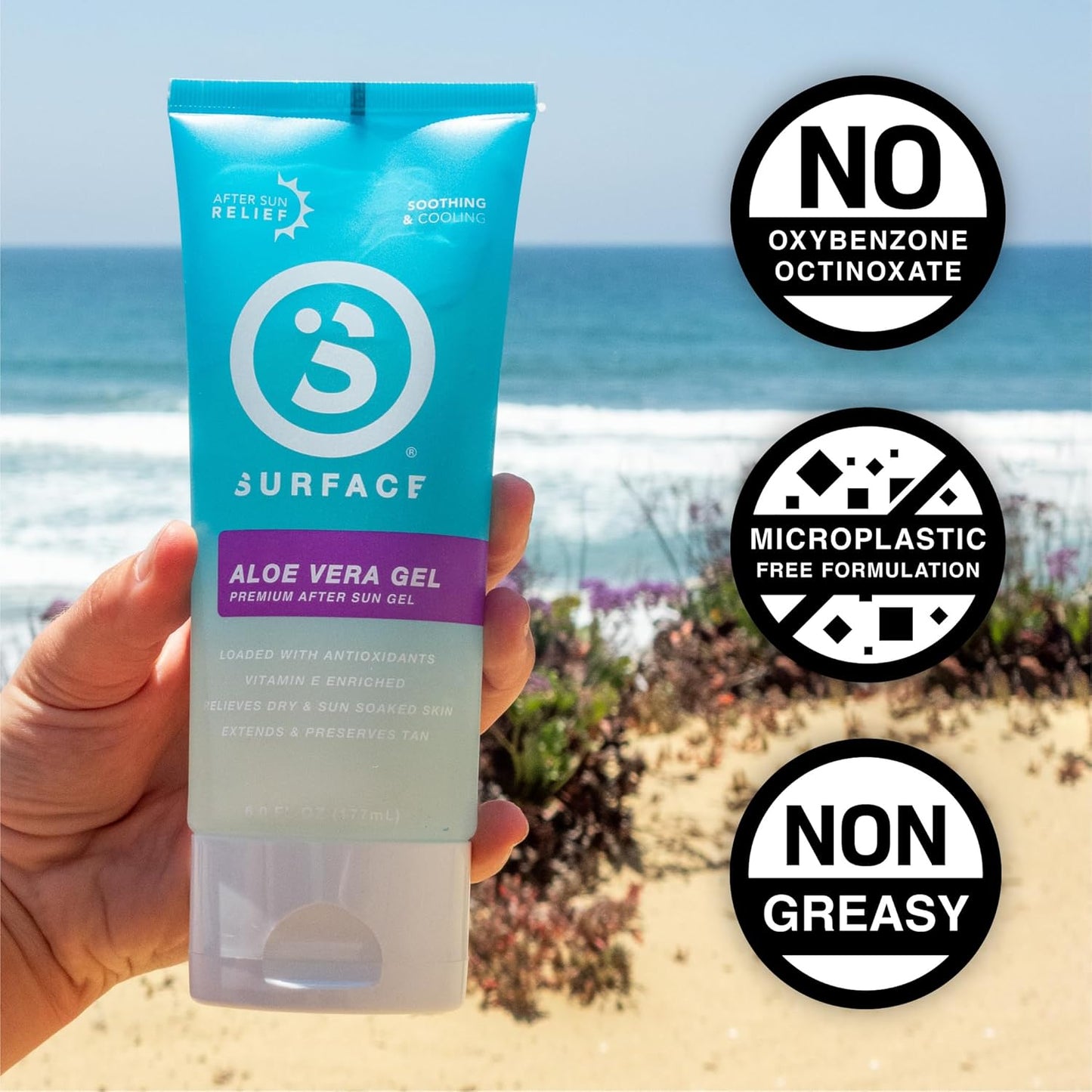 Surface Aloe Vera Gel, Sunburn Relief and After Sun Care, Cooling Hydrating Gel for Face and Body, Non-Greasy Fast-Absorbing Moisturizer for Post Sun Exposure, After Run or Outdoor Recovery