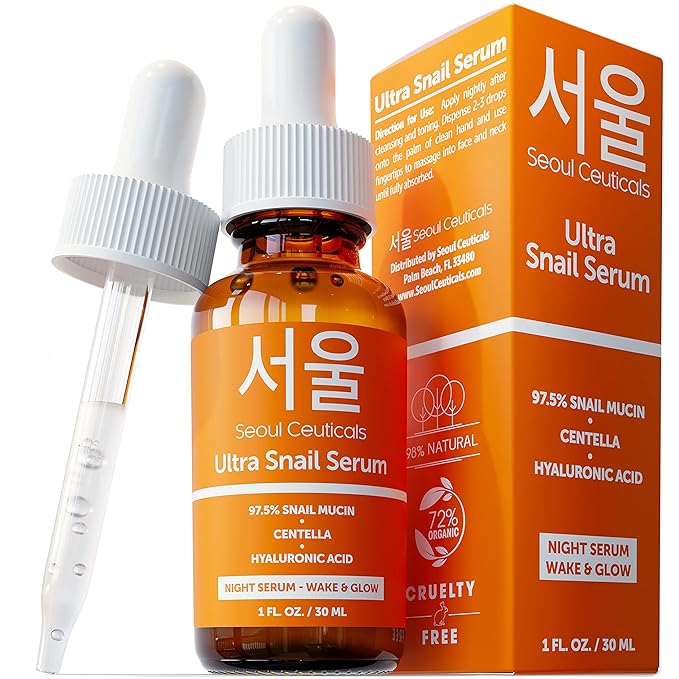 SeoulCeuticals Korean Skin Care 97.5% Snail Mucin Serum – K Beauty Skincare Night Serum Hyaluronic Acid for Face - Centella Anti Wrinkle Serum 1oz