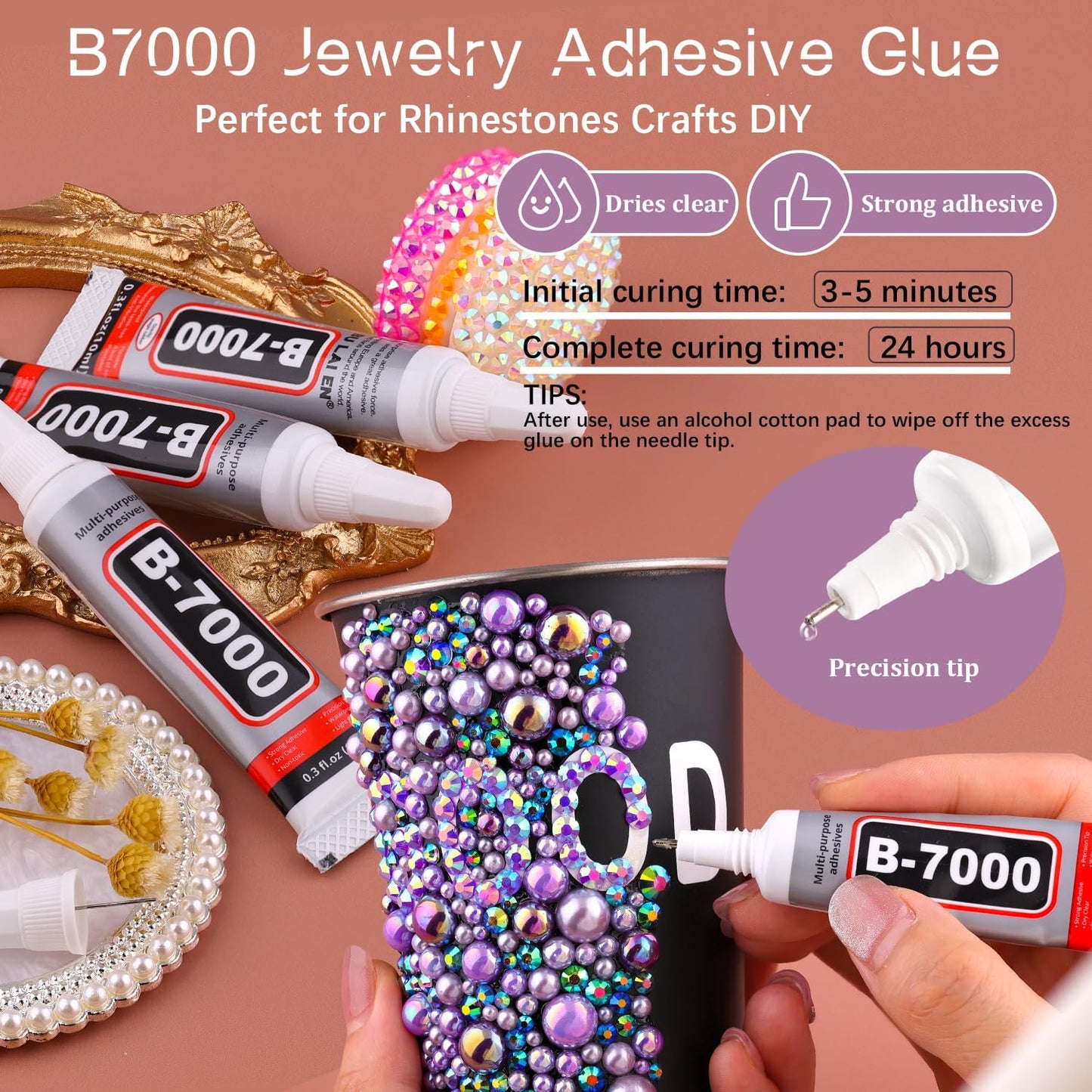 80g Flatback Pearls and Rhinestones for Crafting, Pink Purple 3-10mm Resin Rhinestones and Half Pearls for Bedazzling, Nail Art and Dec with 3pcs 10ml B7000 Jewelry Glue, Tweezer and Pickup Pencil