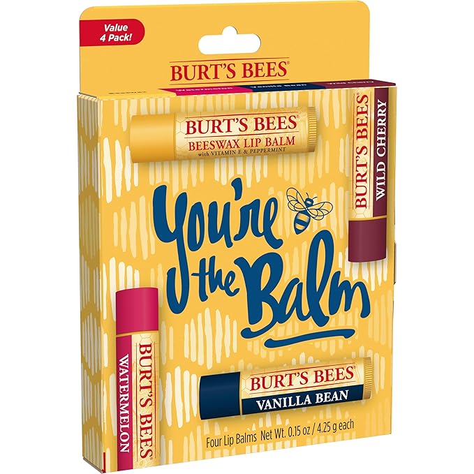Burt's Bees You're the Balm Lip Balm Pack, With Beeswax, Wild Cherry, Watermelon and Vanilla Bean Flavors, With Responsibly Sourced Beeswax, Tint-Free, Natural Origin Lip Treatment, 4 Tubes, 0.15 oz.