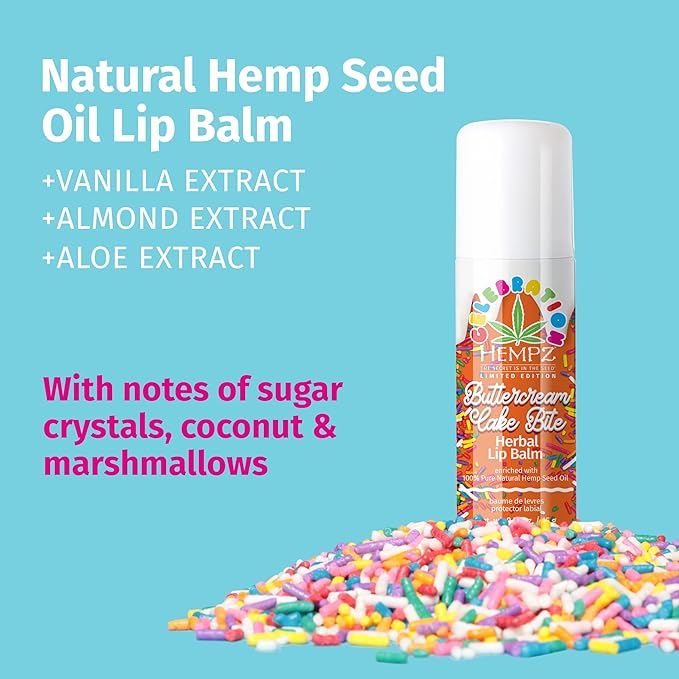 HEMPZ Natural Lip Balm - Buttercream Cake - Hemp Seed Oil, Shea Butter, Coconut & Avocado Oil with Vanilla, Sugarcane, Sweet Almond Moisturizing Lip Care Hydrating Lip Repair Balm - 0.5 oz Stick