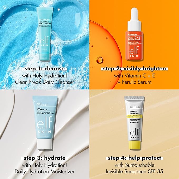 e.l.f. SKIN Wake the e.l.f. Up Skincare Kit, Travel-Size Hydrating Face Cleanser, Sunscreen, Moisturizer & Brightening Serum, Vegan & Cruelty-Free