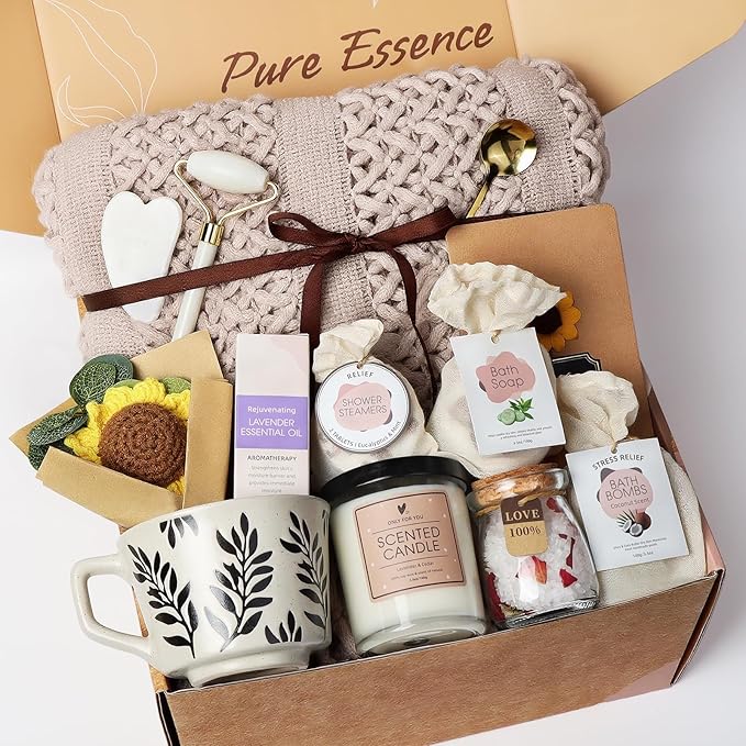 Get Well Soon Gifts Baskets for Women - Self Care Spa Care Package w/Blanket, After Surgery Inspirational Thinking of You Sympathy Gift, Relaxing Birthday Relaxation Basket for Mom Wife Her