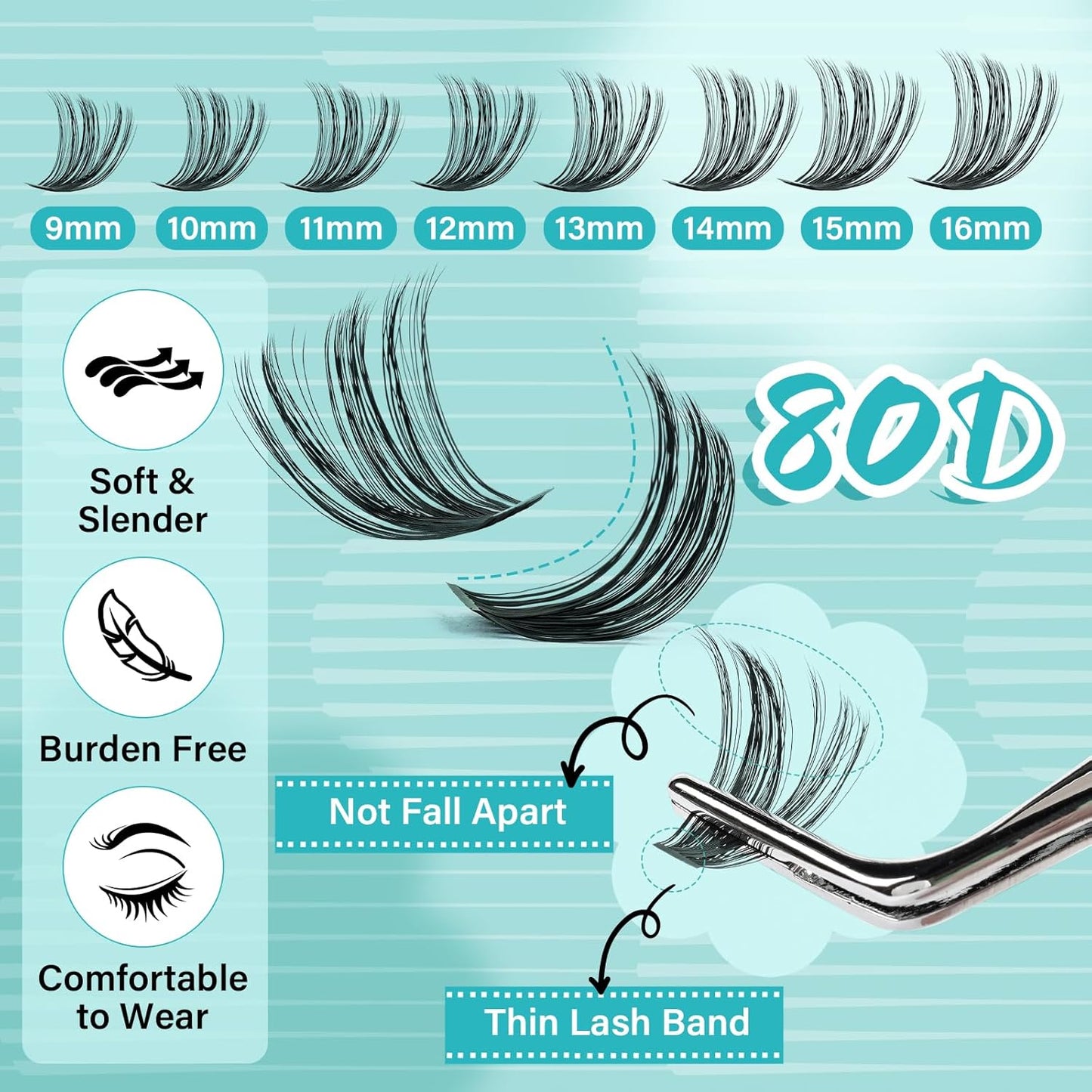 Lash Clusters Kit 200pcs, Eyelash Extension Kit 80D D Curl Diy Cluster Eyelashes Extensions Lash Bond and Remover Waterproof Lash Applicator Tools for 9-16mm Mix Lashes Individual Lash Kit