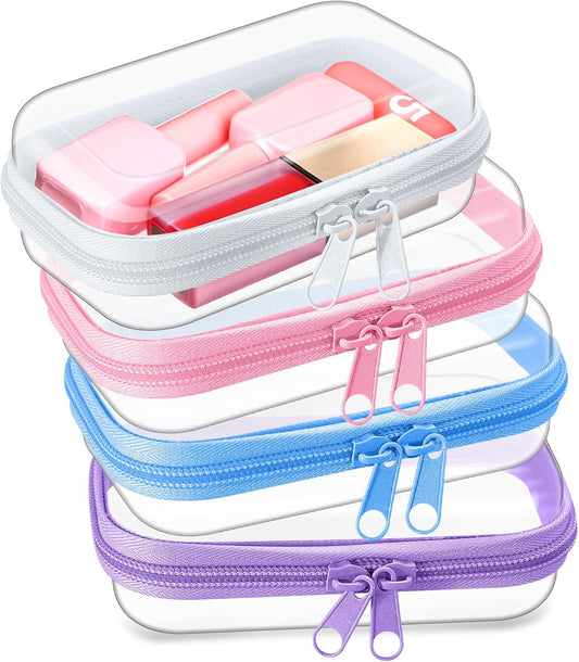 Hoolerry 4 Pcs Hard Clear Zipper Case Makeup Bags Plastic Pencil Pouch Transparent Storage Box Containers for Cosmetics, Snacks, Building Blocks, Puzzles(Multicolor,5 x 3 x 2 in)