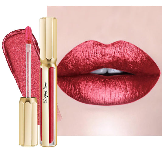 Red Lipsticks for Women Metallic Lipstick Long Lasting Non Stick Cup Lip Gloss, Metal Shine Lightweight Hydrating Full Coverage Lip Color, DP105 Red Riot