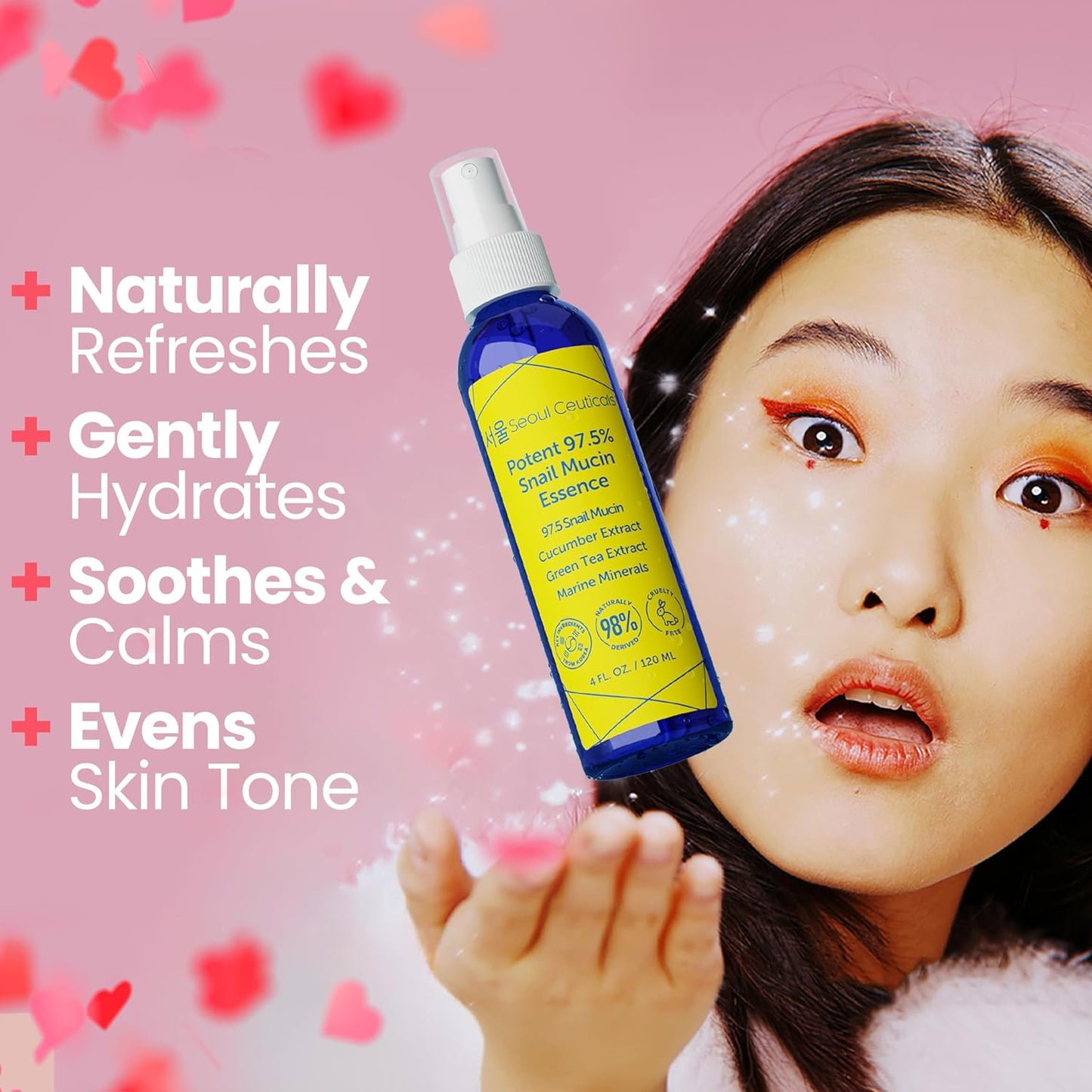 SeoulCeuticals Korean Face Mist 97.5% Snail Mucin Essence - K Beauty Skincare Facial Spray - Cucumber Extract + Marine Minerals + Green Tea + Aloe 4oz