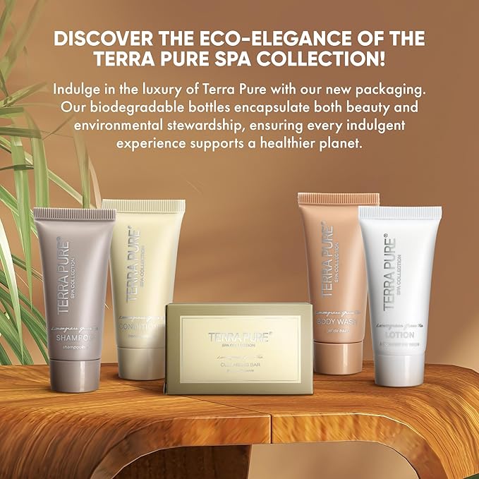 Terra Pure Spa Collection Bulk Set Toiletries | 1-Shoppe All-In-Kit Amenities for Hotels & Airbnb | 0.85 oz Hotel Shampoo & Conditioner, Body Wash, Lotion & Cleansing Bar Travel Size Tubes| 150 Pieces