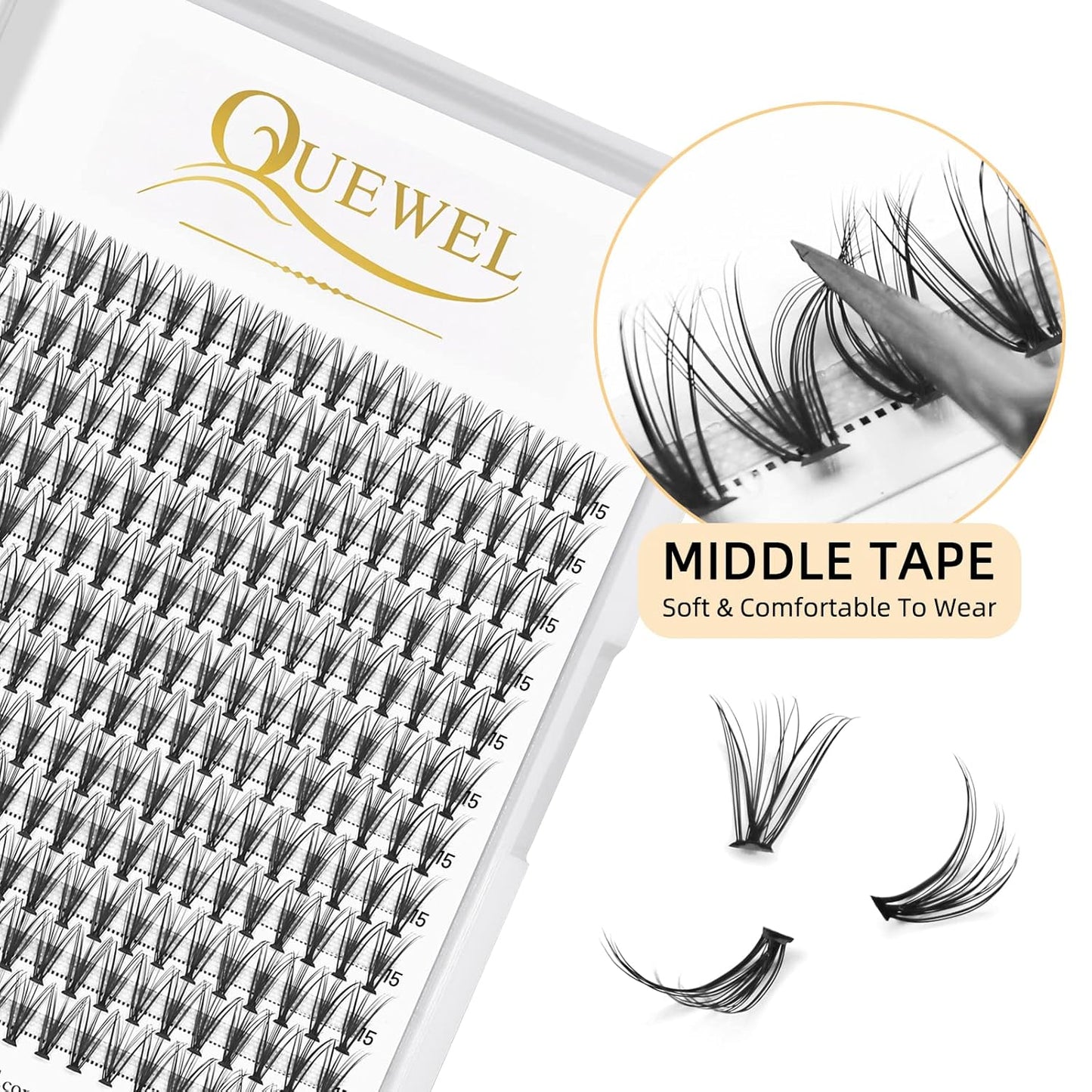 QUEWEL Cluster Lashes 240Pcs Individual Lashes 20D 0.07C Curl 15mm Knot-Free Lash Extensions Clusters Lashes Soft&Natural False Eyelashes Individual DIY Eyelash Extension at Home(20D 0.07C 15)