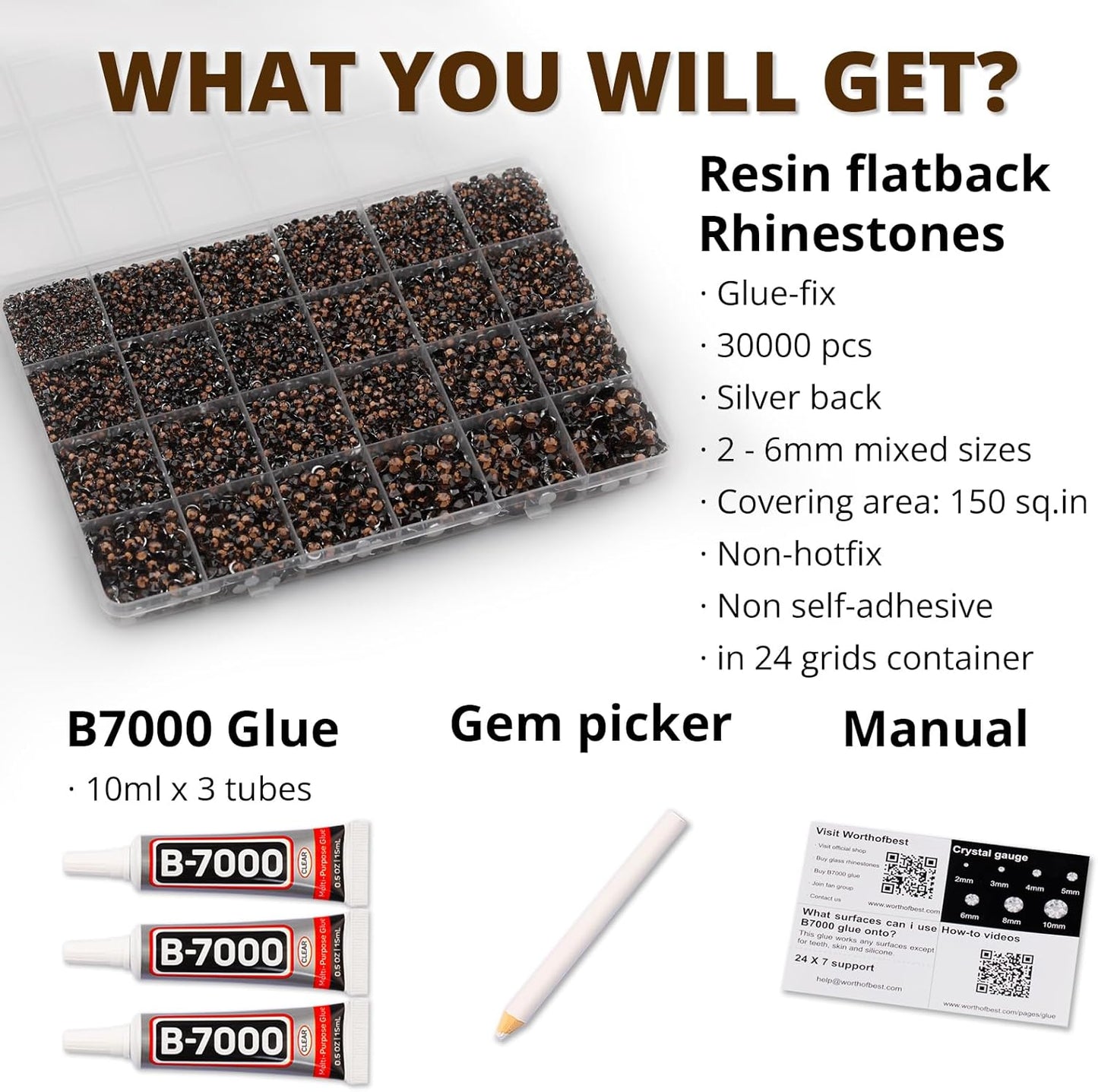 30000Pcs Resin Rhinestones Set for Crafting Bedazzling, Brown Flatback Gems Jewels for Crafts Clothes Shoes Fabric Outfit Nails Makeup, Flat Back Crystal 2-6mm with b 7000 Glue