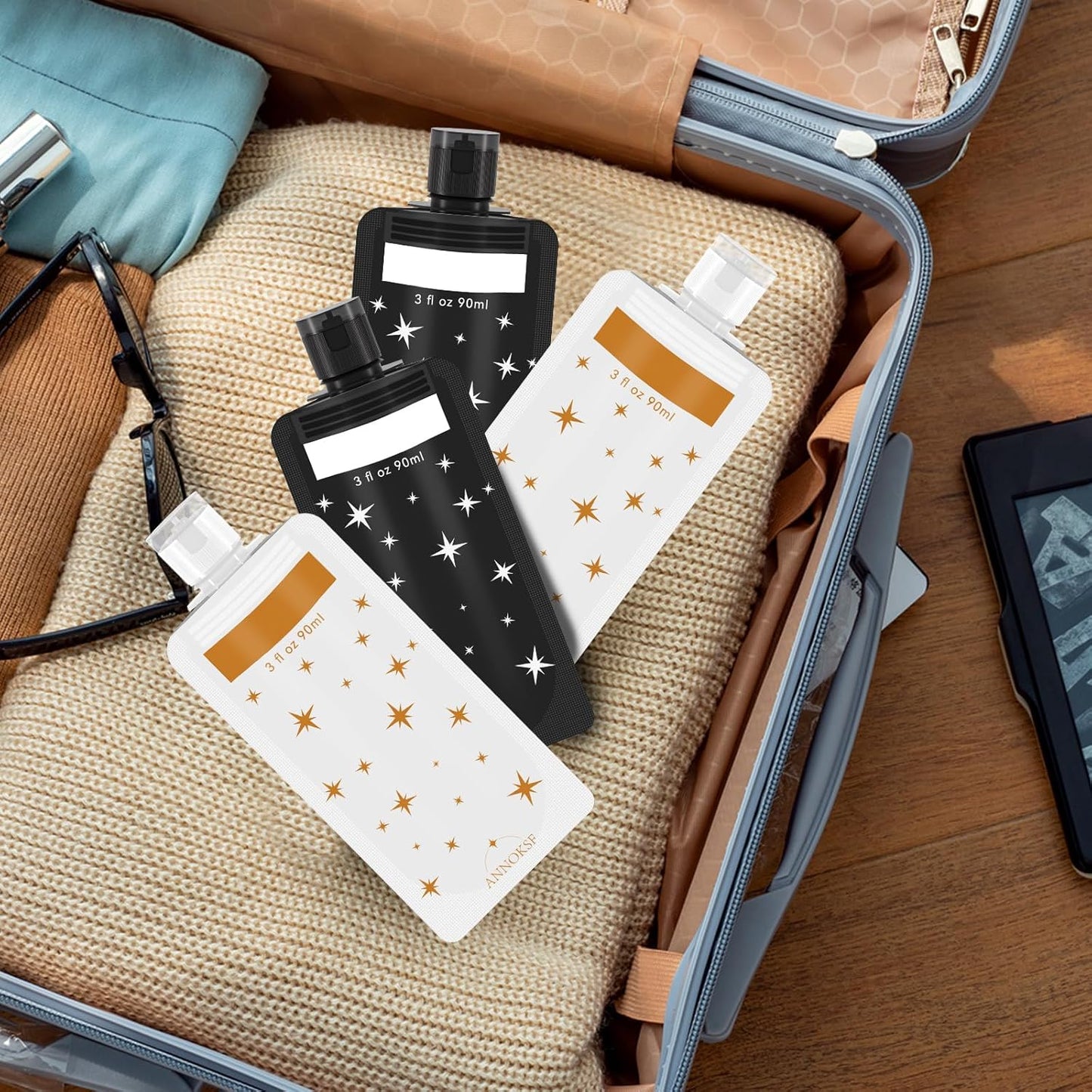 8 Pack Travel Pouches for Toiletries, Refillable squeeze Liquid travel pouches,Travel Shampoo and Conditioner Pouches,3oz leak proof travel pouches (Star)