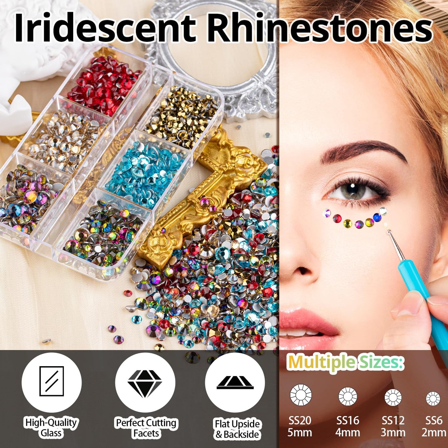 Colorful Face Gems for Makeup Set, Flatback Gorgeous AB Glass Gems+Mixed-Colored Crystals with Picker Pencil, Makeup Glue, Dual-End Dotting Tool, Tweezer for Eye Body Hair Make-up and Nail Art Deco