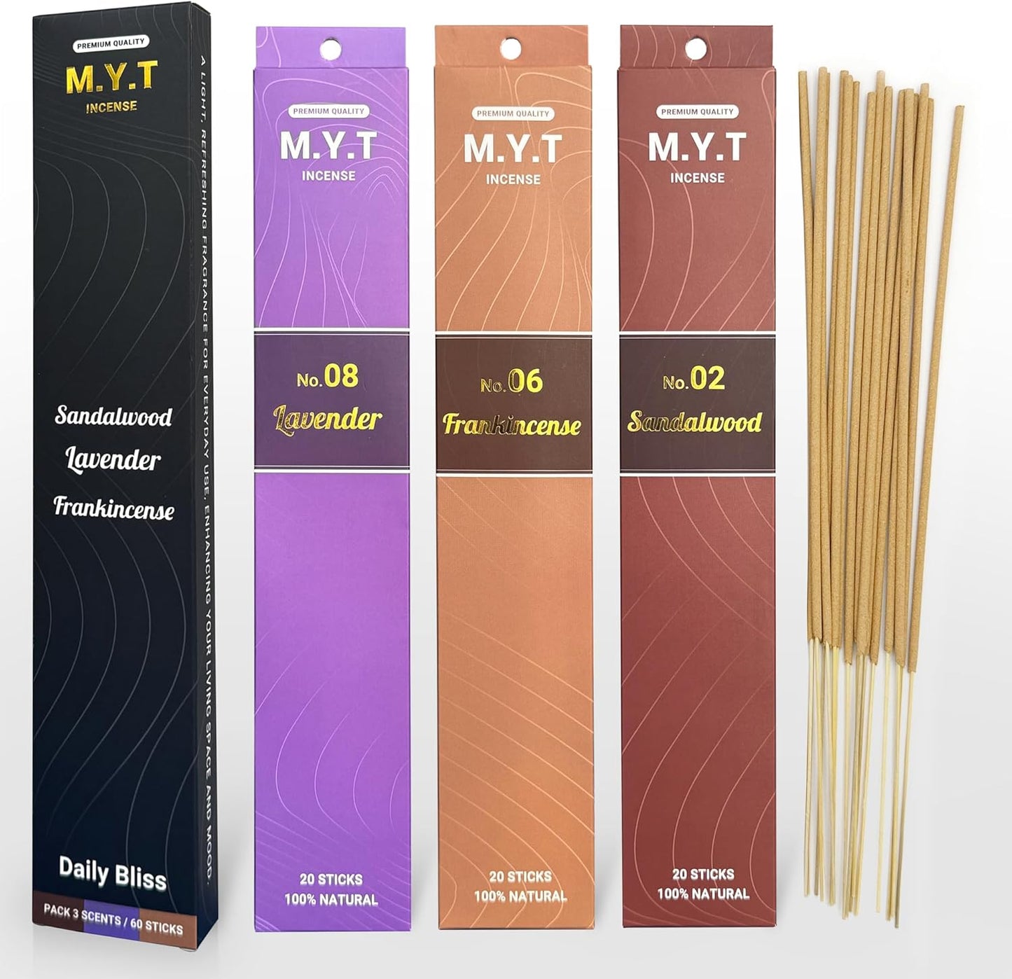 M.Y.T Natural Incense Sticks – Sandalwood, Lavender, Frankincense – Long-Lasting, Low Smoke – Relaxation, Meditation, Odor Removing – 60 Sticks