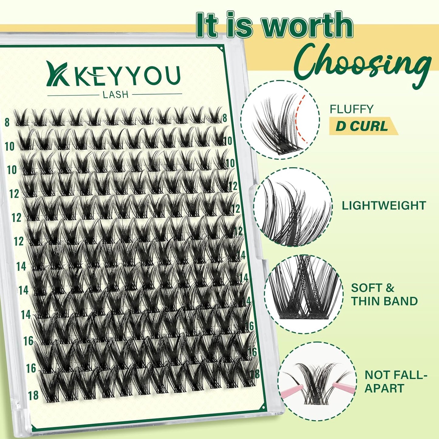 KEYYOULASH Lash Clusters Manga Lash Extension D Curl 144pcs 8-18mm Wispy Eyelash Clusters Natural Volume Eyelash Extensions Individual Lashes DIY at Home(KY08,D-8-18MIX)
