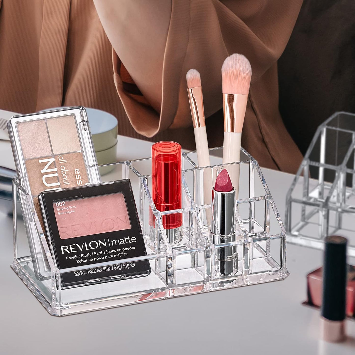 Amazing Abby - Tiffany - 2-Pack Acrylic Cosmetic Organizer, Transparent Plastic Makeup Holder, Compartmented, Shatter-Proof, Perfect Bathroom Vanity Storage Solution for Beauty Supply, Small