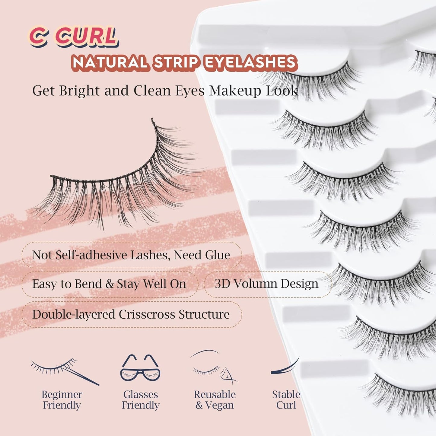 Anime Lashes Wispy False Eyelashes Natural Look 12MM Strip Lashes Thin Band False Lashes 3D Volume Fake Eyelashes 7 Pair C Curl Lash Pack Siligli