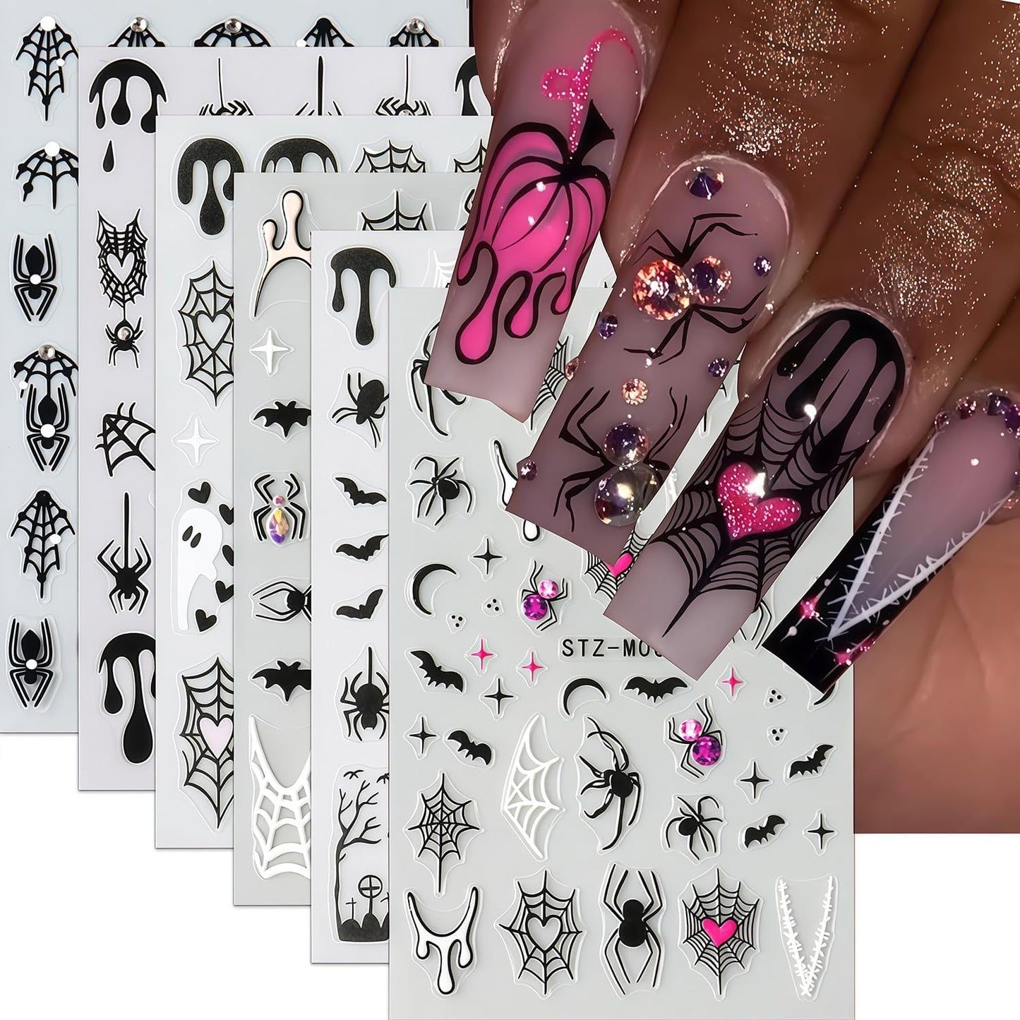Halloween Nail Stickers for Nail Art 6 Sheets Self-Adhesive Spider Web Ghost Diamond Spider Bat Nail Art Stickers Halloween Spooky Decals Spiders Bat Sticker Holiday DIY Manicure Decoration for Women