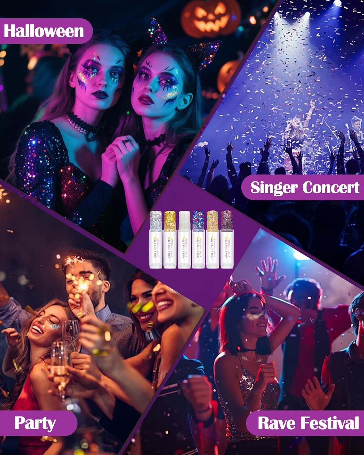 Body Glitter Stick, Waterproof Long Lasting Sparkling Face Shimmer Makeup, Singer Concerts Disco Music Halloween Festival Rave Accessories, Holographic Chunky Sequins Hair Stick,Gift for Women girl-03