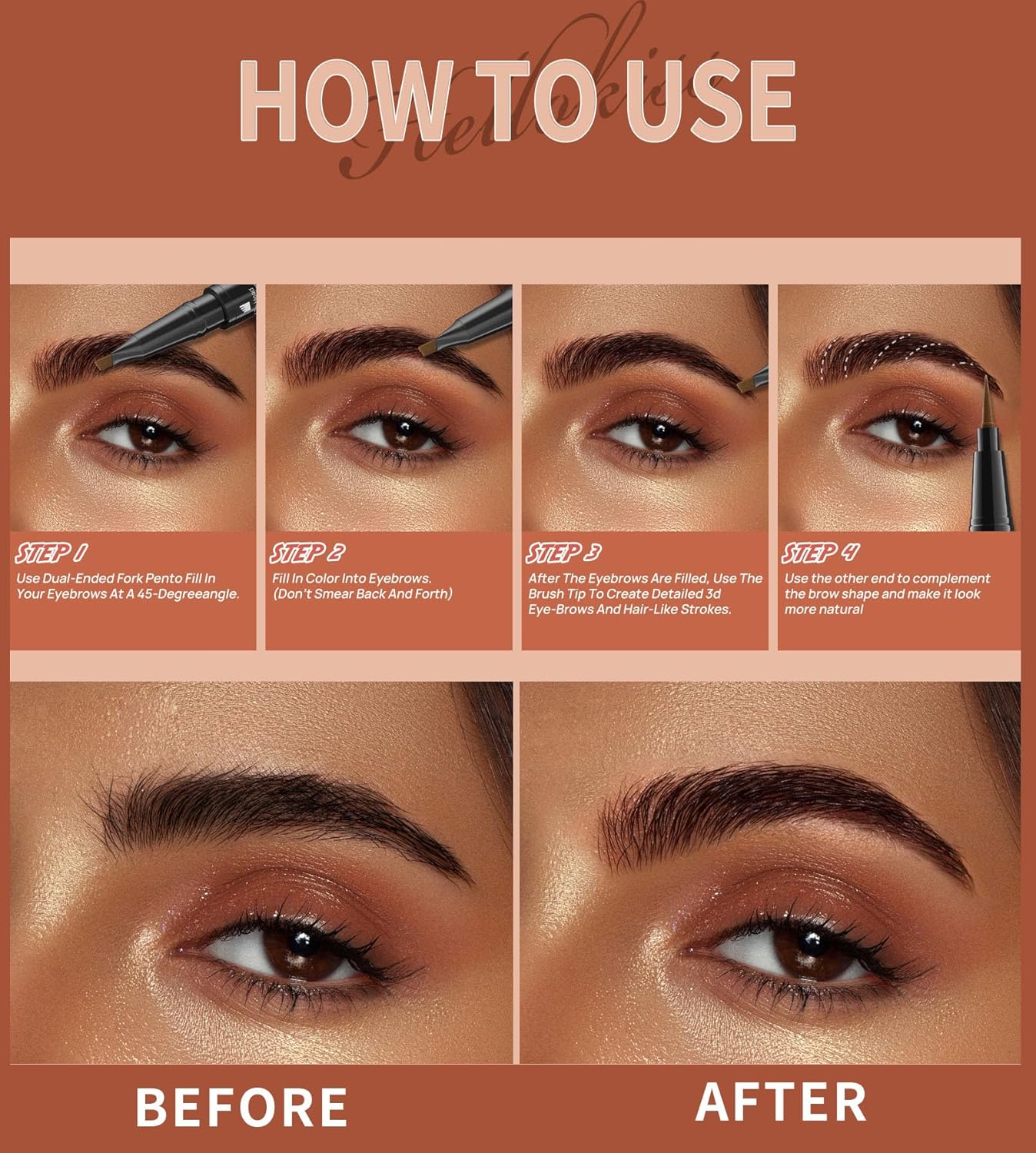 4-Fork Tip Microblading Eyebrow Pen - 2-in-1 Waterproof Eyebrow Pencil, Long-Lasting Natural Hair-Like Brows, Smudge-Proof & Easy to Use (03#Grey)