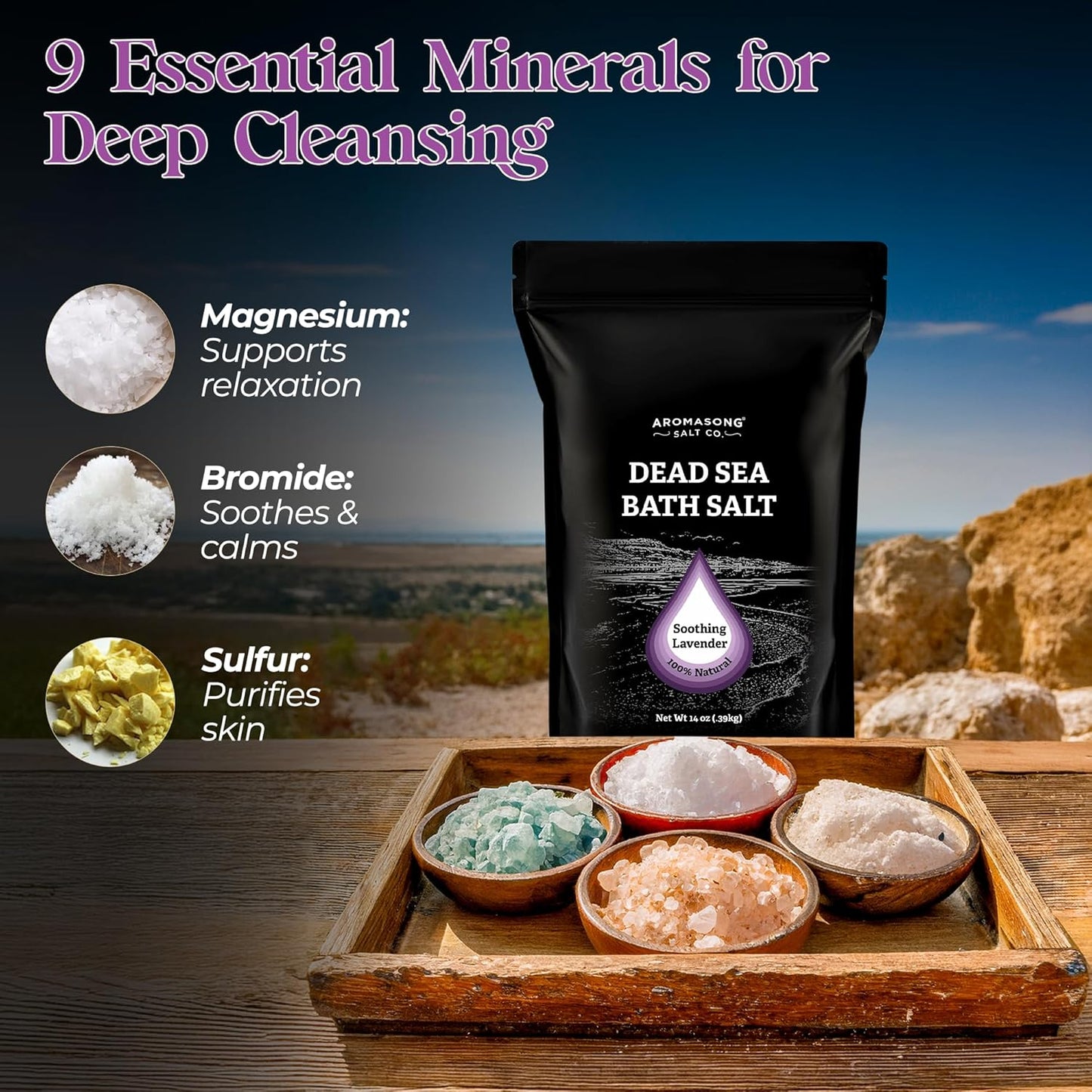 Aromasong Pure Dead Sea Salt for Soaking with 100% Natural Lavender, 14 Oz. - Spa Bath Salt Fine Grain - Body Wash Scrub - Soak for Women & Men- Resealable Pack
