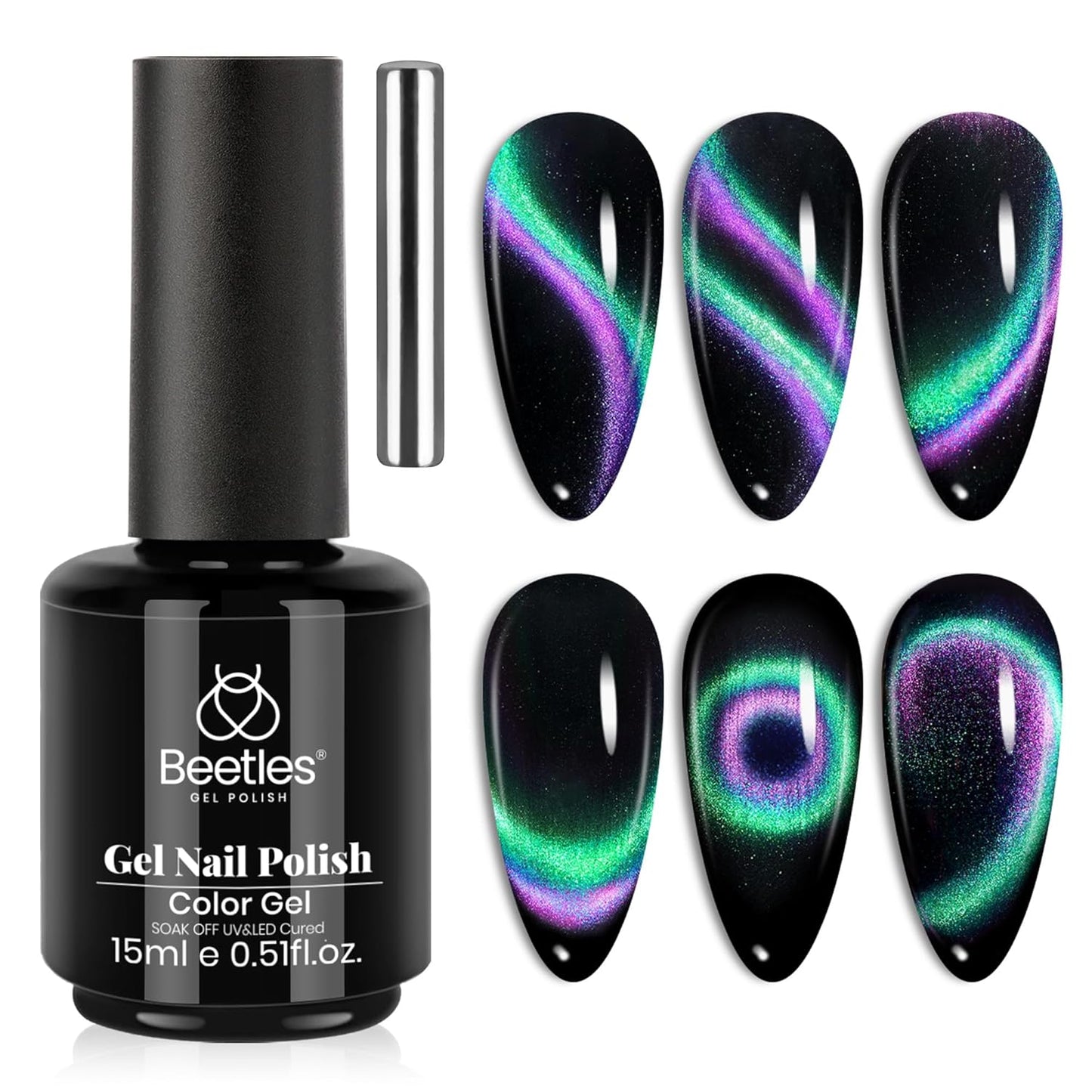 Beetles Cat Eye Gel Nail Polish - 15ML 9D Chameleon Cat Eye Green Purple Double Magic Colors Gel Polish with Magnet Soak Off UV Velvet Gel Galaxy Drift Collection Nail Art Design Gift for Women