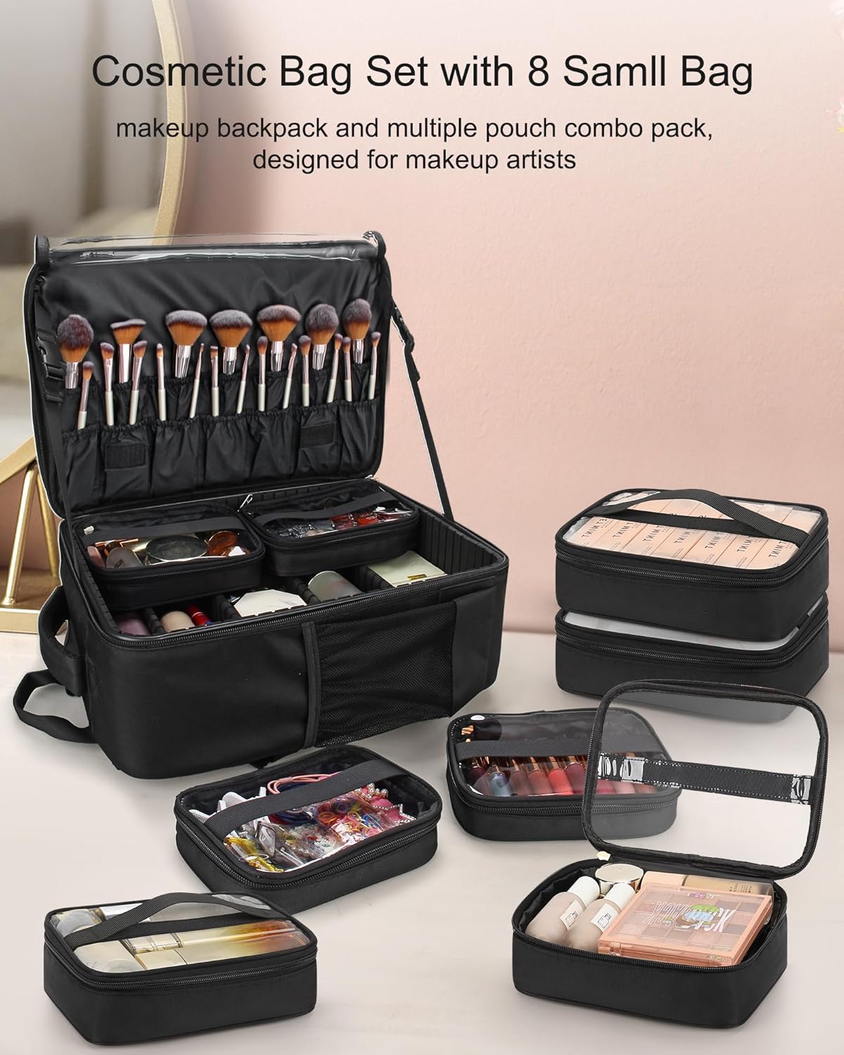 Makeup Backpack Professional Cosmetic Artist Bag Extra Large Travel Train Case Storage Organizer Double-Layer Cosmetic Case with 8 Pouch &Adjustable Divider (Black)