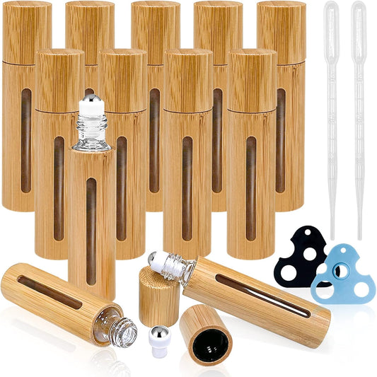12Pcs 10ml Roller Bottles Balls for Essential Oils, Roll on Bottles with Bamboo Shell Clear Glass Inner, Portable Refillable Perfume Sample Bottle with Stainless Steel Ball