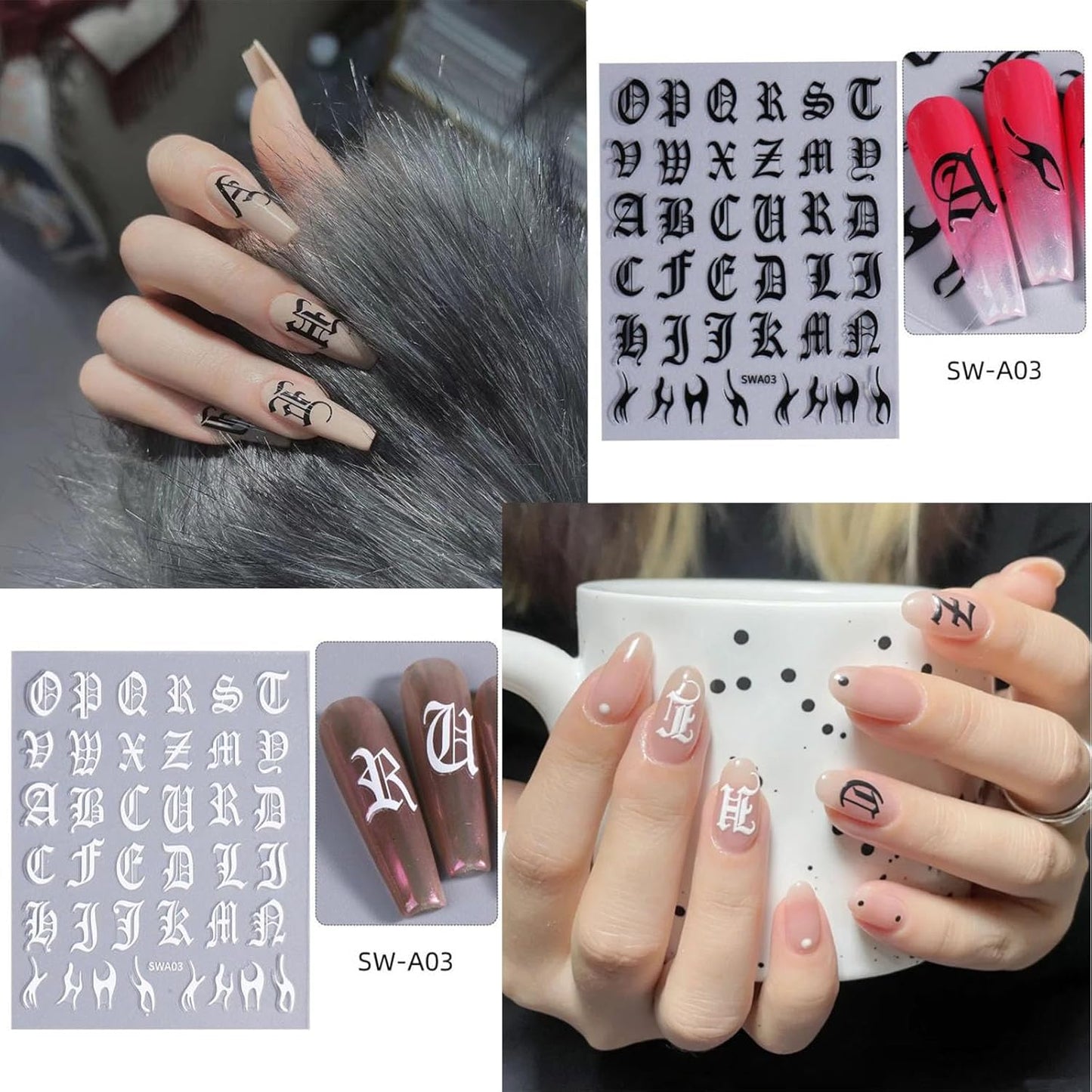 8 Sheets Letters Nail Stickers Decals Alphabet Numbers Nail Decals for Nail Art 3D Self-Adhesive Metallic Black Silver Gold Nail Art Stickers Supplies for Women Girls Nail Decoration Manicure