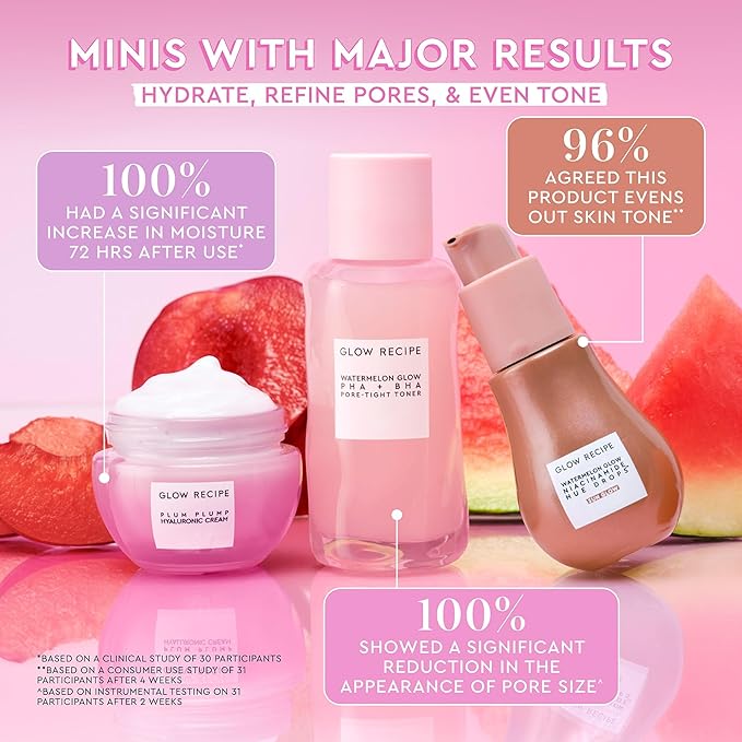 Glow Recipe Get Glowing With Me Kit by Katie Fang - PHA + BHA Face Toner & Gentle Face Exfoliant + Plum Plump Hyaluronic Acid Moisturizer Face Cream + Hue Drops Tinted Serum (3 Count)