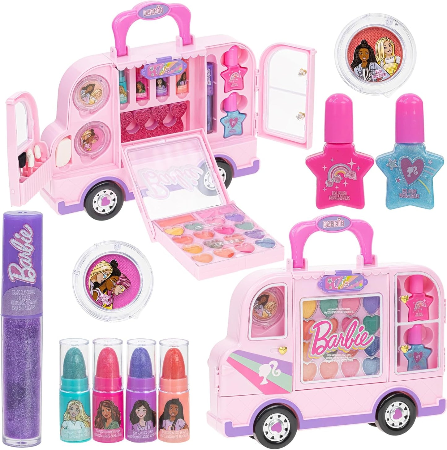 Barbie Car Makeup Kit for Girls, Real Washable Toy Makeup Set, Barbie Gift, Play Makeup and Pretend Play Toys Ages 6 7 8 9 10 11 12