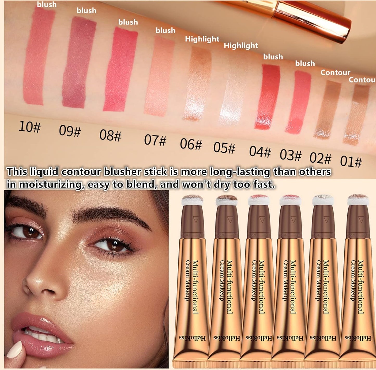 Go Ho Liquid Blush Beauty Wand,Blendable Super Silky Cream Blush Stick,Face Moisturizing Contour Blush Stick with Fine Cushion Applicator,Cruelty-free,003# Medium Pink