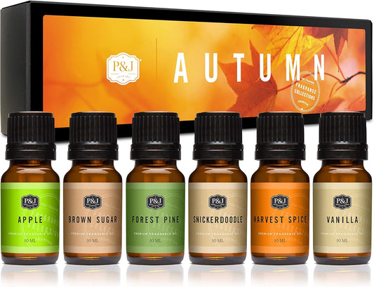 P&J Fragrance Oil Autumn Set | Brown Sugar, Apple, Harvest Spice, Vanilla, Forest Pine, and Snickerdoodle Candle Scents for Candle Making, Freshie, Soap Making Supplies, Diffuser Oil Scents