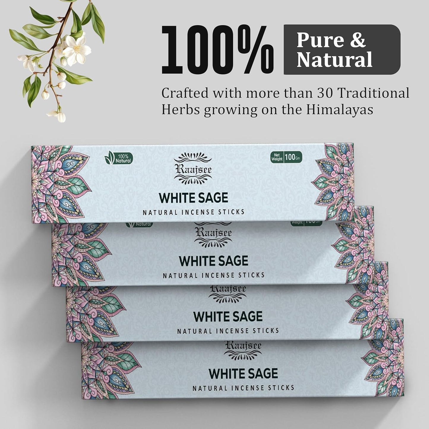 Raajsee White Sage Incense Sticks (180 gm), 100% Pure Organic Natural Hand Rolled Free from Chemicals - Perfect for Aromatherapy, Cleansing, Meditation, and Church (Pack of 12)