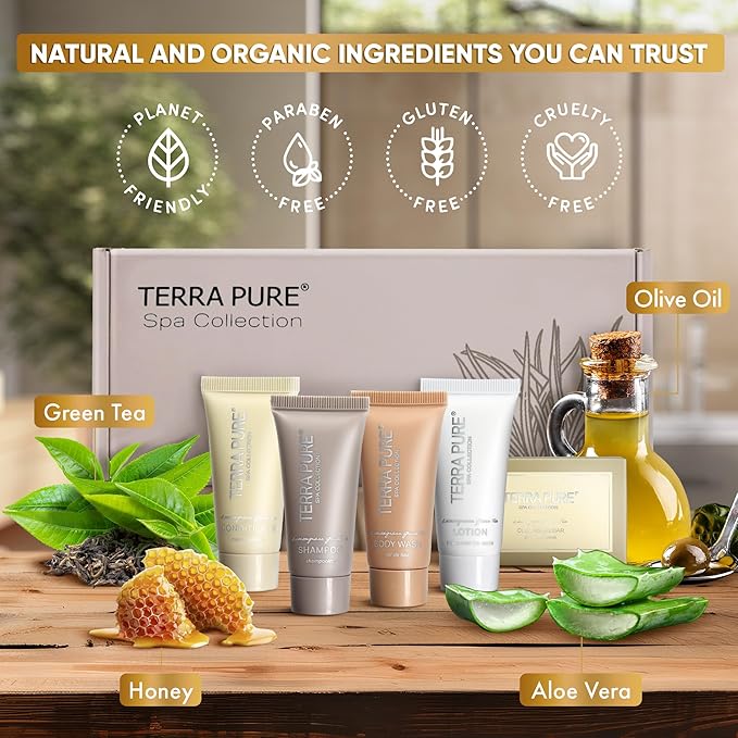 Terra Pure Spa Collection Amenity & Accessory Kit |1 oz Travel Size Shampoo, Conditioner, Lotion, Body Wash, 2 Soap Bars, Shave & Dental Sets, Make-Up Remover Wipes, & Vanity Kit | 15 sets/case