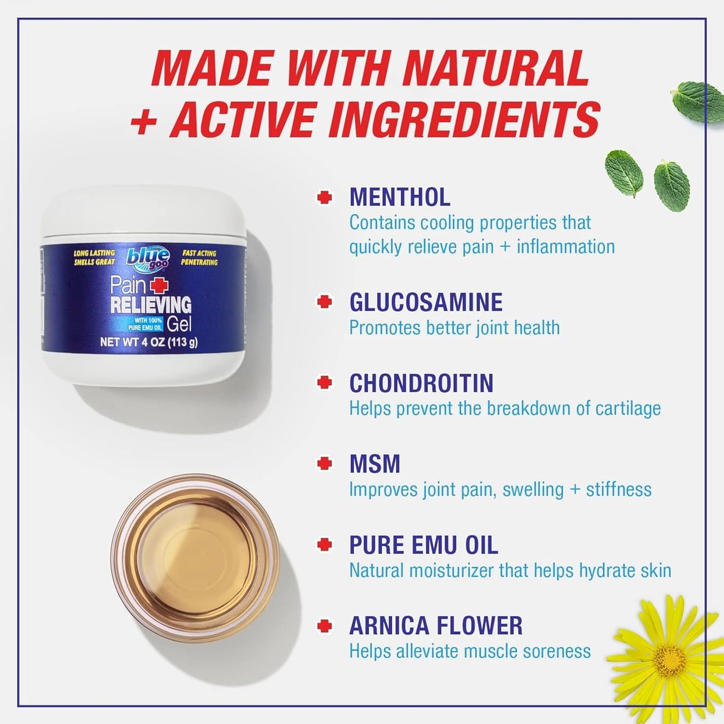 Blue Goo Pain Relieving Gel – Relief for Back, Neck, Muscle and Joint Pain, Fast-Acting Cooling and Soothing Relief with 100% Pure Emu Oil, 4 oz (1 Pack)