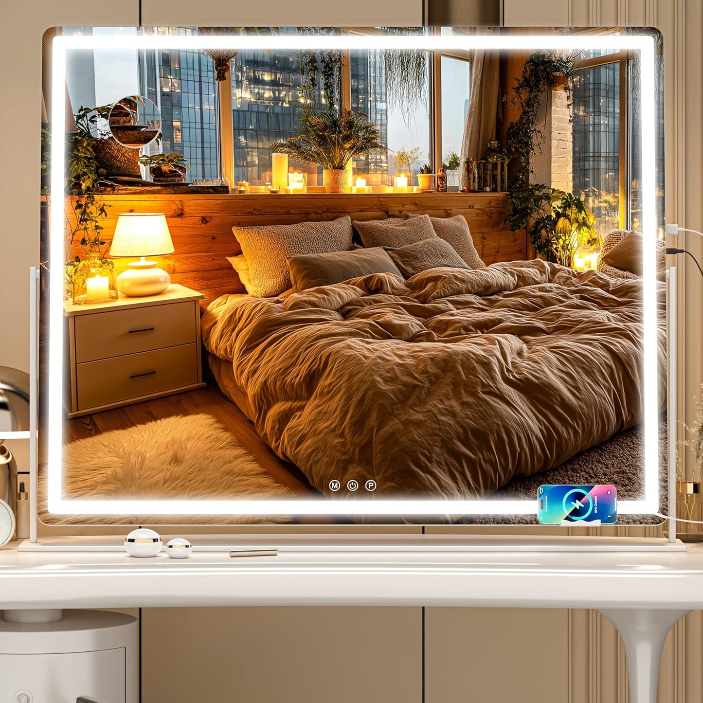 Vanity Mirror with Lights, 34'' x 25.6'' Lighted Makeup Mirror, Touch Screen with 3-Color Lighting, Dimmable for Vanity Desk Tabletop Round White