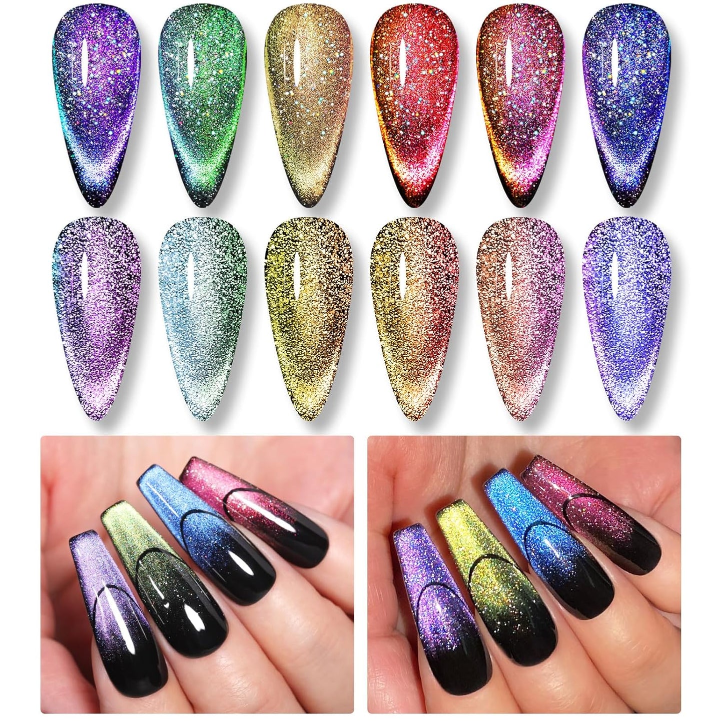 Born Pretty 9D Magnetic Gel Nail Polish Reflective Glitter Gel Polish Holographic Colorful Cat Magnetic Gel Polish Set 7ML 6PCS