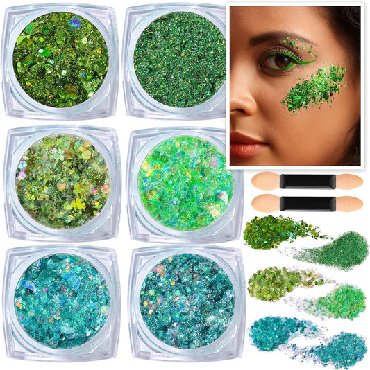 Teenitor Green Face Glitter, 6 Shapes Face and Body Glitter, Hair Glitter Gel, Body Glitter Gel for Festival Makeup, Makeup Glitter for Face, Body, Hair