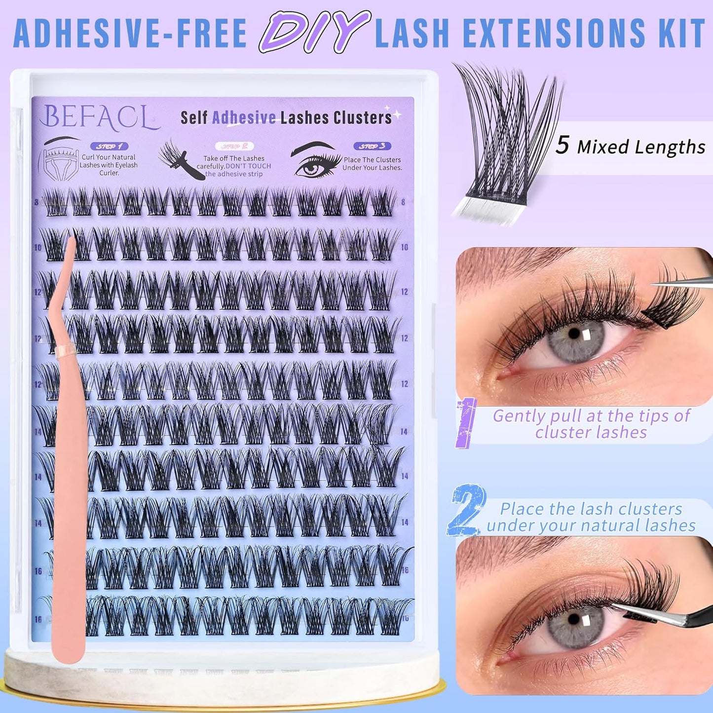 Self Adhesive Eyelashes Clusters Press on Lash Clusters Wispy Lash Extensions No Glue Needed Lashes Clusters Natural Cluster Eyelash Extensions Kit with Tweezers (8-16mm,C Curl)