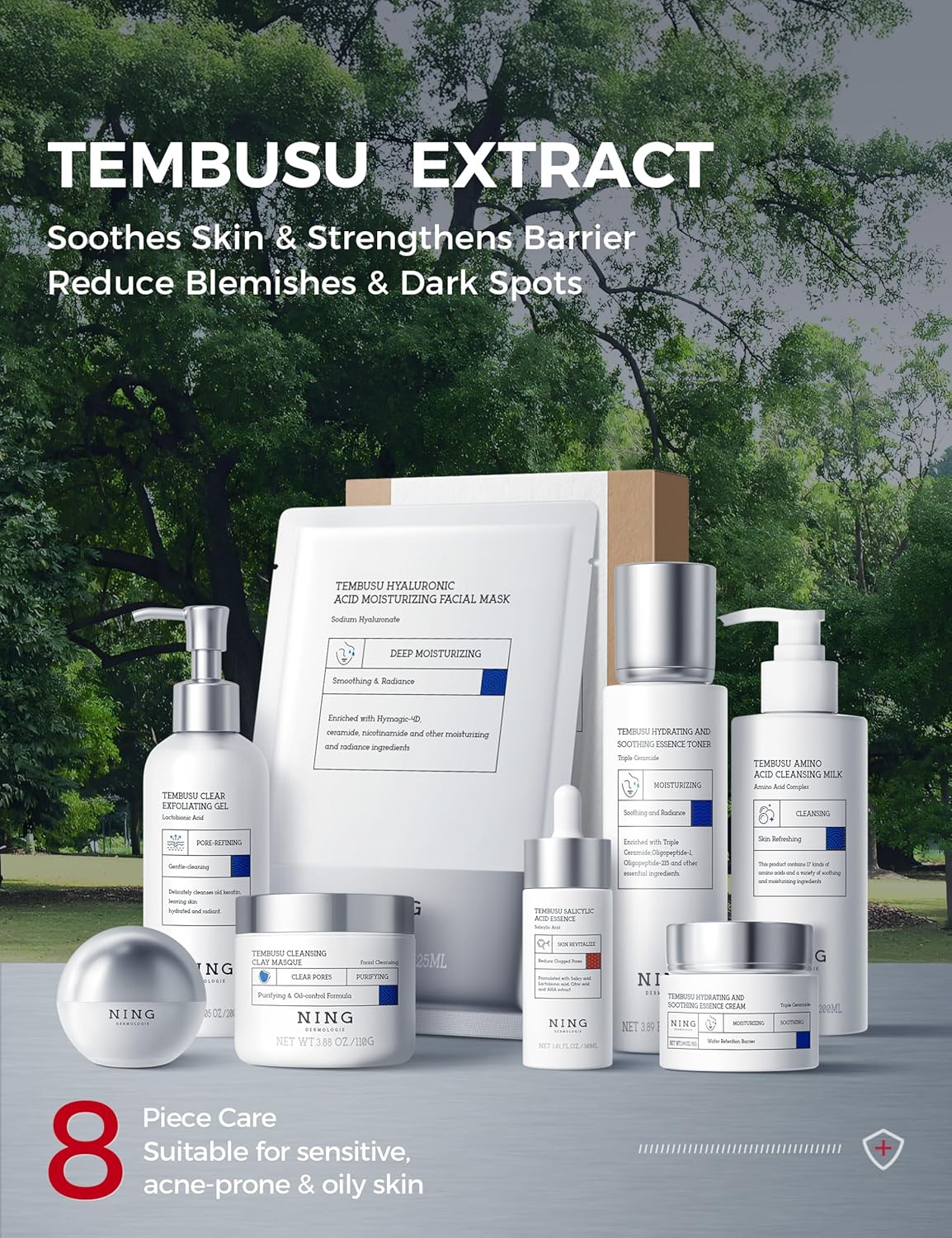 Skin Care Set – Tembusu Essence 8-Step Routine with Amino Cleanser Clay Mask Toner Salicylic Acid Serum Cream Eye Treatment – Hydrating Moisturizing Anti-Aging All Skin Types