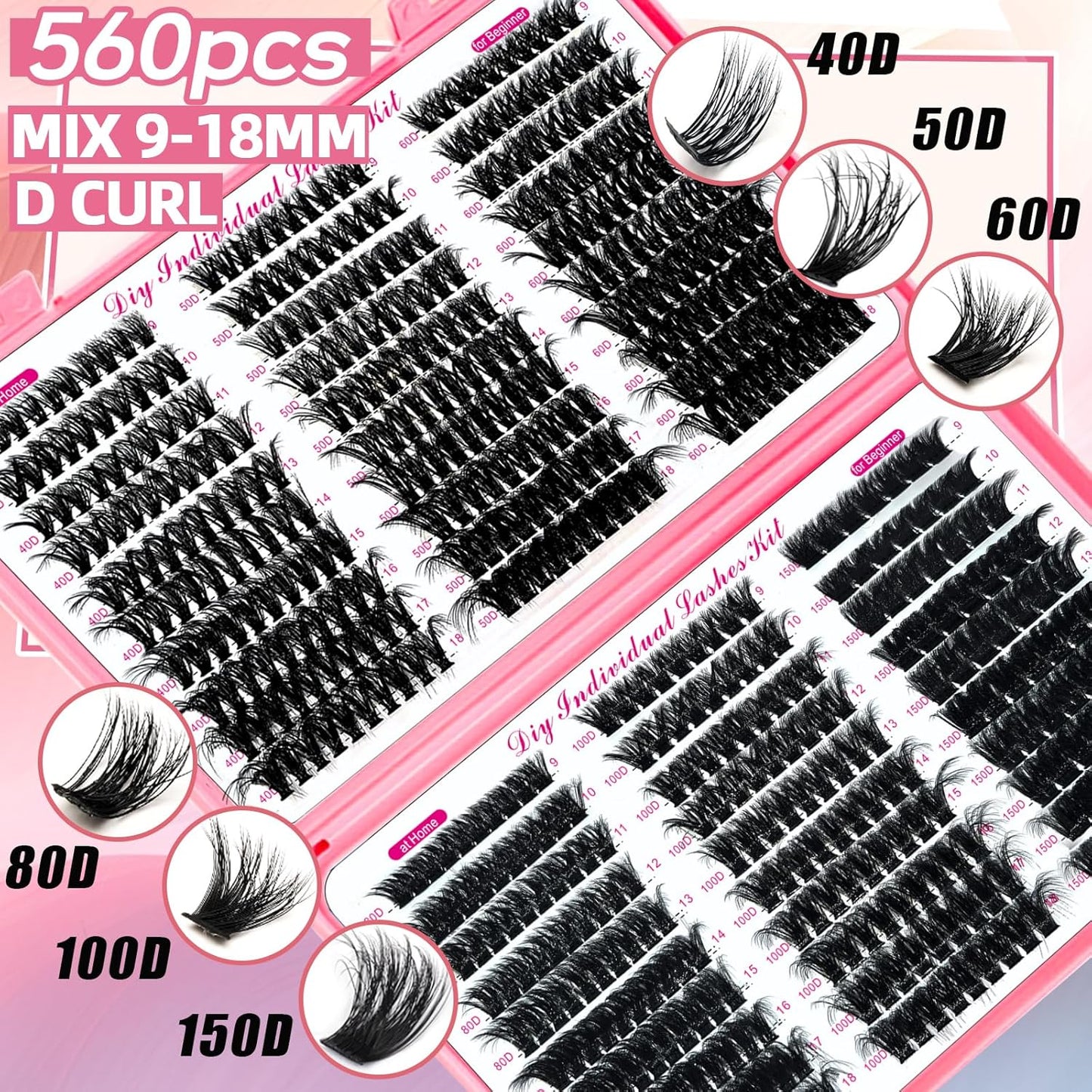 DIY Lash Extension Kit 900Pcs D Curl 9-18mm Lash with Lash Bond and Seal,Quick Glue Remover Lash Shampoo Cleansing Brush Wristband Tweezers Eyelash Brush Mini Applicator