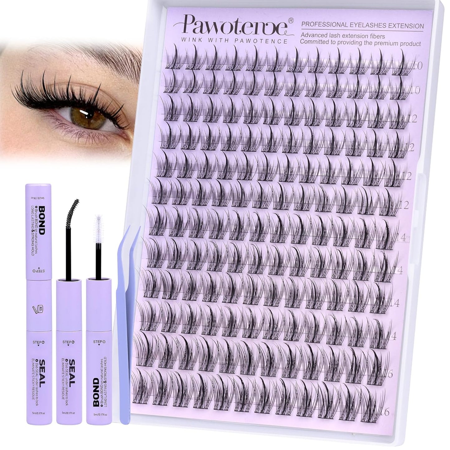 Pawotence Natural Lash Clusters Kit Eyelash Clusters 10-16mm Fairy Cluster Lashes Extension Kit Individual Lashes Cluster Wispy with Lashes Cluster Glue, Tweezers for Cluster Eyelash Extensions Kit