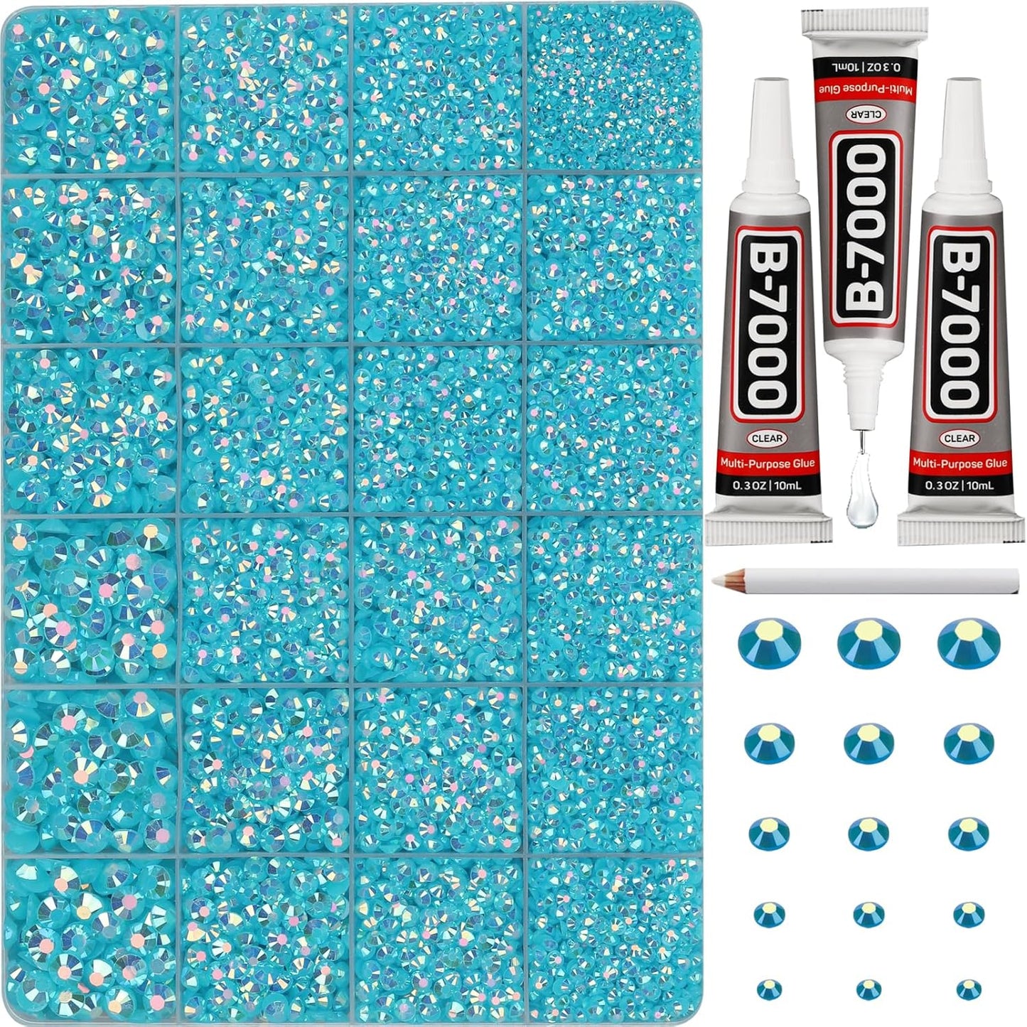 30000Pcs Resin Jelly Rhinestones Set for Crafting Bedazzling, Turquoise AB Flatback Gems Jewels for Crafts Clothes Shoes Fabric Outfit Nails Makeup, Flat Back Crystal 2-6mm with b 7000 Glue