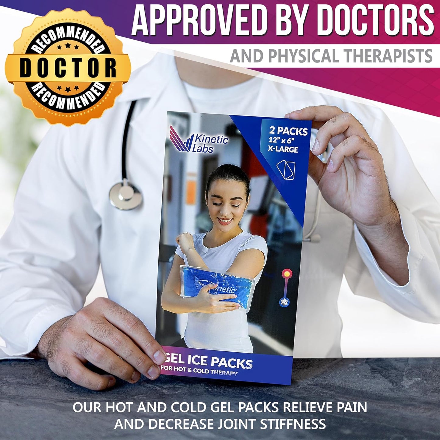 Reusable Gel Ice Packs for Injuries by Kinetic Labs (2 Pack) - Hot Cold Packs for Injuries 12" x 6" - Flexible Ice Packs for Back Head Knee Shoulder Neck Ankle Elbow Feet Headaches Surgery (X-Large)